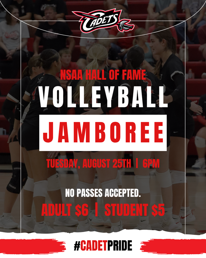 Tomorrow night, our Cadet Volleyball team takes the court for their NSAA Hall of Fame Volleyball Jamboree! 🏐⚔️ 🆚: Yutan 🕑: 6PM 📍: West Point-Beemer Jr./Sr. High School Adults $6 | Students $5 *No passes will be accepted. Admission goes directly to support the Nebraska High School Sports Hall of Fame’s exhibit hall in Lincoln. 🔗 HOF Video: https://drive.google.com/file/d/1i5HX7nGH01yTG2zqtNg7YRQ2bLcQFQdx/view?usp=sharing See you in the stands! #CadetPride ⚔️