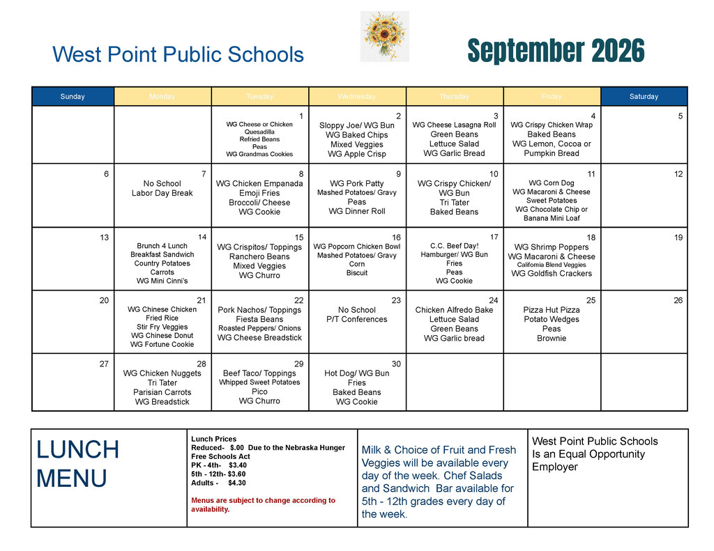 Breakfast & Lunch Menus for the month of September 🌻 #CadetPride⚔️