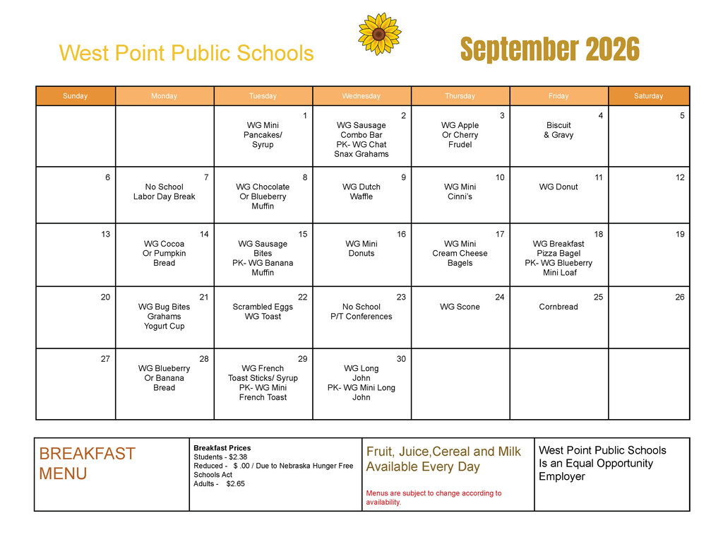 Breakfast & Lunch Menus for the month of September 🌻 #CadetPride⚔️