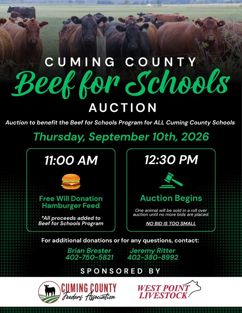 The Cuming County Beef for Schools Auction proceeds benefit the Beef for Schools Program for ALL Cuming County schools, including our Cadets! The Beef for Schools Program helps put locally raised beef on the plates of students right here in our community. We’re grateful for the local producers, businesses, donors, and community members who continue to support this program. Mark your calendars, stop by for lunch, and help support our Cuming County students! #CadetPride⚔️