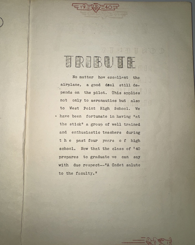 87 years ago in Cadet History...  The 1939-1940 school year! And what was life like in 1939-40? The Wizard of Oz and Gone with the Wind had just arrived in theaters, swing music and big bands were filling the airwaves, televisions were still a rarity, and a gallon of gas cost around 11 cents!  This week’s pages include a special “Tribute” to the faculty, using an aviation comparison fitting for the Cadets: “No matter how excellent the airplane, a good deal still depends on the pilot.” A reminder that great teachers have been at the heart of our school for generations!  We’re also looking back at the F.F.A., along with photos of the many organizations and classes that filled the halls of WPHS that year.  A lot has changed in 87 years, but that Cadet spirit has been around for a long time!  #ThrowbackThursday #CadetPride⚔️