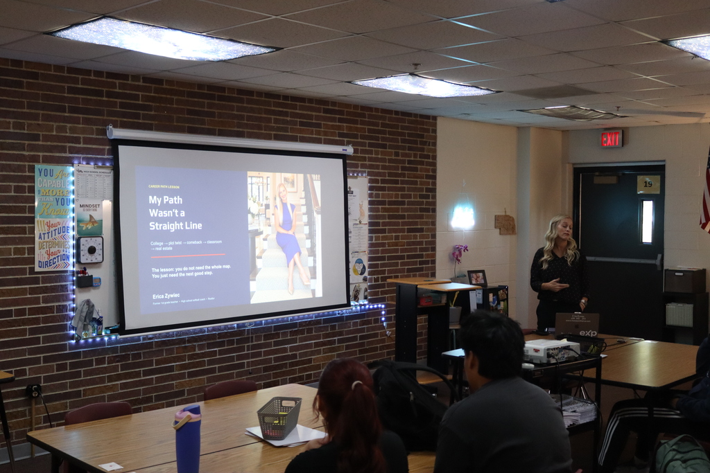 Today our JAG classes welcomed Erica Zywiec, a Realtor with eXp Realty in Columbus, to share her career journey with our students!  Erica talked about her path from high school to becoming a real estate agent and reminded students that where you end up may look completely different from what you originally pictured, and that’s okay!  She shared how the different jobs, experiences, and skills she picked up along the way have all played a role in the work she does today. A great reminder that every experience can teach you something and help prepare you for what comes next!  Thank you, Erica, for spending time with our students and sharing your story!  #CadetPride ⚔️