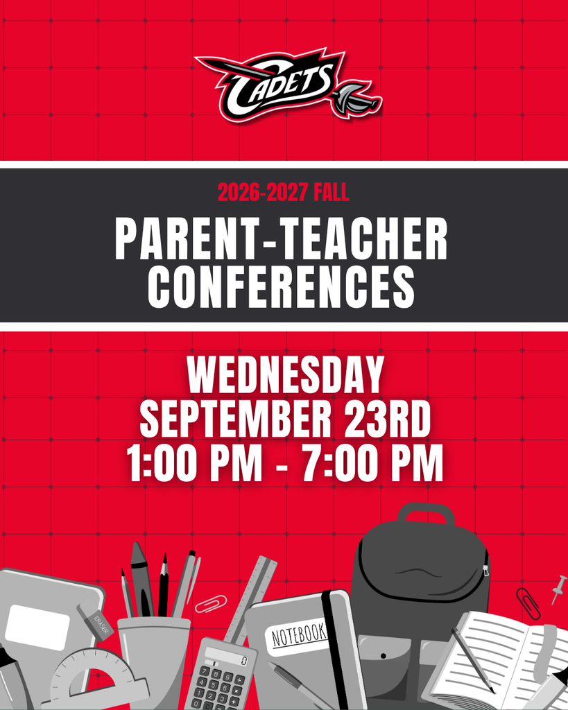 Join us on Wednesday, September 23 for Fall Parent-Teacher Conferences! Stop by anytime between 1:00 PM – 7:00 PM to connect with teachers, ask questions, and hear about your student’s progress so far this year. 📌 REMINDER: There will be NO SCHOOL for students on Wednesday, September 23. We look forward to seeing you there! #CadetPride⚔️