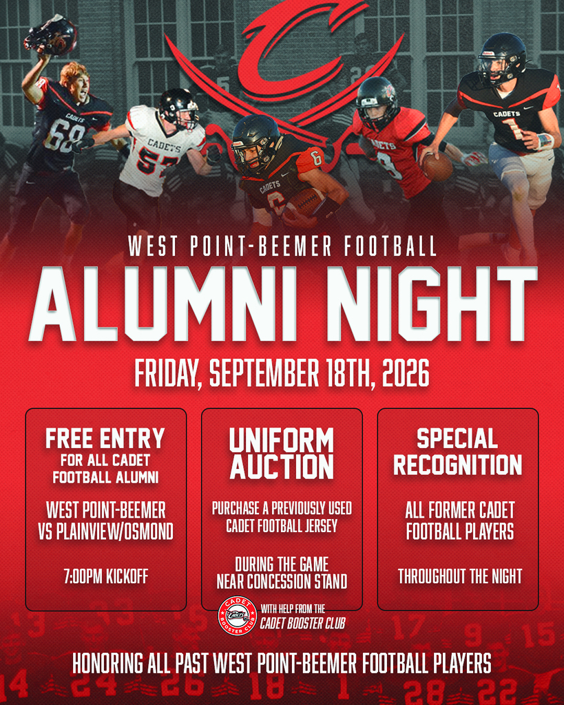 Calling all past & present West Point-Beemer Football players and fans! Join us this Friday night as we celebrate the tradition of Cadet Football with a special Alumni Night! 🏈 🔴 All Cadet Football alumni get in FREE to the WP-B vs. Plainview/Osmond game ⚫ Recognition of Cadet Football alumni 🔴 Cadet Football uniform silent auction near the concession stand! Bidding will close at the end of the 3rd quarter, with payment and pickup available through the end of the game. Whether you wore the uniform, cheered from the stands, or are part of the next generation of Cadets, we want you there! Help us pack the stands and celebrate the past, present, and future of Cadet Football! 🏈⚔️ #CadetPride ⚔️