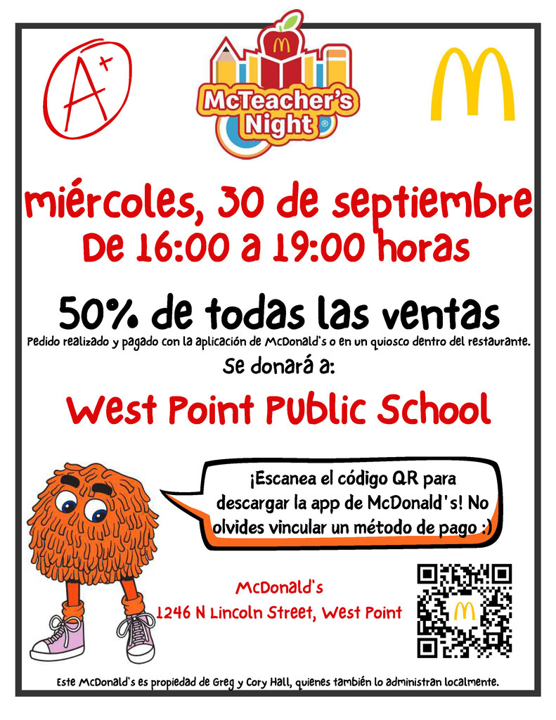 McTeacher’s Night Fundraiser! Wednesday, September 30th McDonald’s is donating 50%, yes FIFTY PERCENT, of all digital* sales to our school! No need to go door to door selling muffins or wrapping paper. No forms to turn in, no money to collect and no checks to write! Just go to McDonald’s between 4pm - 7pm and place a digital* order – you get dinner and the school gets funds! It’s that easy. Did you know you can use the app to order for McDelivery, Drive Thru, Curbside, Carry Out, or Dine-in Table Service? WOW! So many options. Plus, the app has great offers and for every dollar you spend you earn rewards that can be redeemed for FREE food! *NOTE: for your order to qualify you must place and pay for the order on the app or the kiosk. Thank you for supporting our school! #CadetPride⚔️