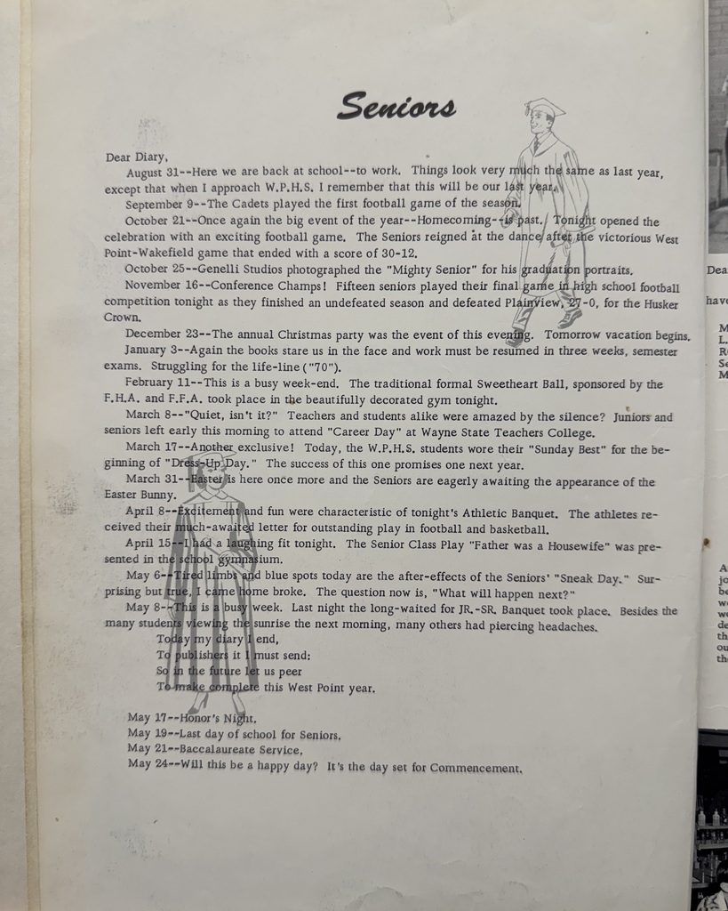 66 years ago in Cadet History…  Dear Diary, the year was 1960–1961, and our Cadets were making memories!  This yearbook took a page straight out of a diary, capturing the moments that made the school year special. From the “Sports on Parade” Athletic Banquet to the seniors looking back on their favorite memories, every page told a little more of the story.  And perhaps the sweetest piece? “Then And Now,” featuring the senior class as first graders alongside their senior portraits. From little Cadets to graduates, what a difference 12 school years can make!  Meanwhile, outside the halls of WP-B, Elvis was on the radio, The Flintstones were on TV, and everyone was doing the Twist! Poodle skirts, saddle shoes, and drive-in movies were all part of the fun.  #ThrowbackThursday #CadetPride⚔️