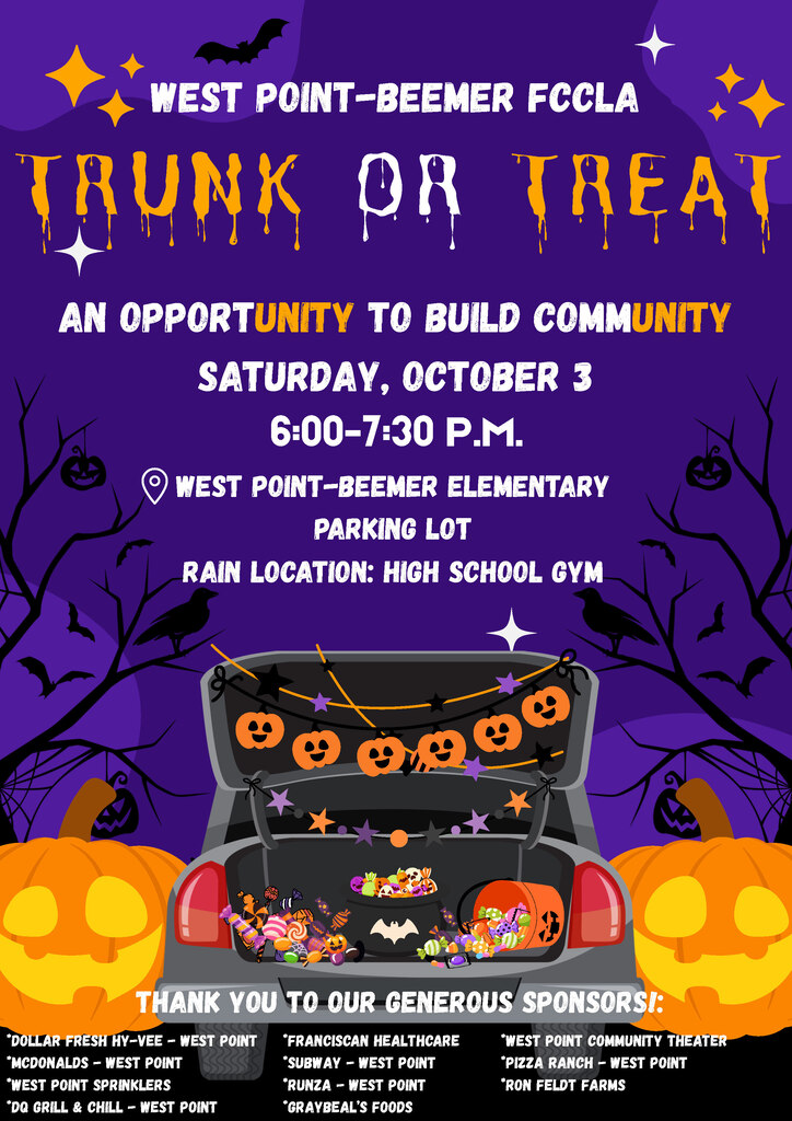 Mark your calendars for the West Point-Beemer FCCLA Trunk-or-Treat event on Saturday, October 3!