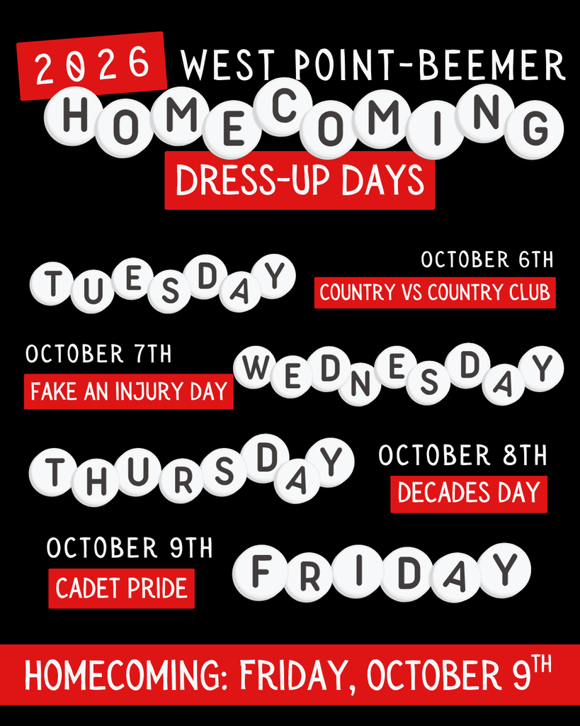 Homecoming Week Dress-Up Days! ❤️🤍🖤 Get those outfits ready, Cadets! Homecoming Week is October 5–9, and we’ve got some fun dress-up days planned! 📅 Monday: NO SCHOOL — Enjoy your day off! 🤠 Tuesday: Country vs. Country Club Cowboy boots, flannels, denim, cowboy hats OR polos, khakis, golf skirts, visors, and sweaters tied around your shoulders! 🩹 Wednesday: Fake an Injury Break out the (pretend!) bandages, slings, wraps, and crutches for an injury-inspired look! 🪩 Thursday: Decades Pick your favorite era! Think ’70s bell-bottoms, ’80s neon and big hair, ’90s grunge, or 2000s throwback fashion! 🔴 Friday: CADET PRIDE! Go ALL OUT in red, white, and black! Cadet jerseys, school apparel, face paint, and anything that shows your Cadet spirit! We can’t wait to see your Homecoming spirit! #CadetPride⚔️