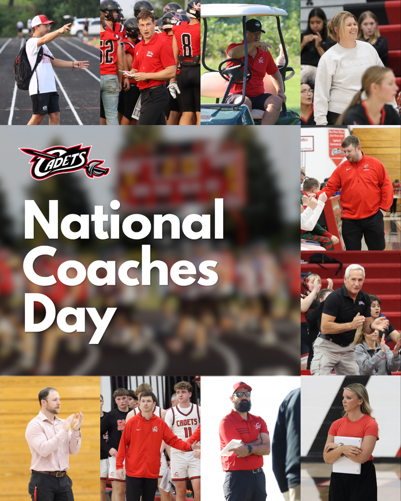 Behind every team are coaches who give their time, energy, and heart to our students. ❤️🤍🖤 Today, on National Coaches Day, we want to recognize ALL of the coaches who make a difference, from our head and assistant coaches to the many others who help lead our activities and programs throughout the year. While we could never fit every one of our coaches into a single post, we are grateful for each and every person who steps up to lead, teach, encourage, challenge, and support our Cadets throughout the year, and our appreciation extends far beyond the faces pictured here. Thank you for the early mornings, late nights, practices, road trips, encouragement, lessons, and countless hours you invest in our students. Your impact goes far beyond the scoreboard. Happy National Coaches Day! We appreciate you! ⚔️ #NationalCoachesDay #CadetPride⚔️