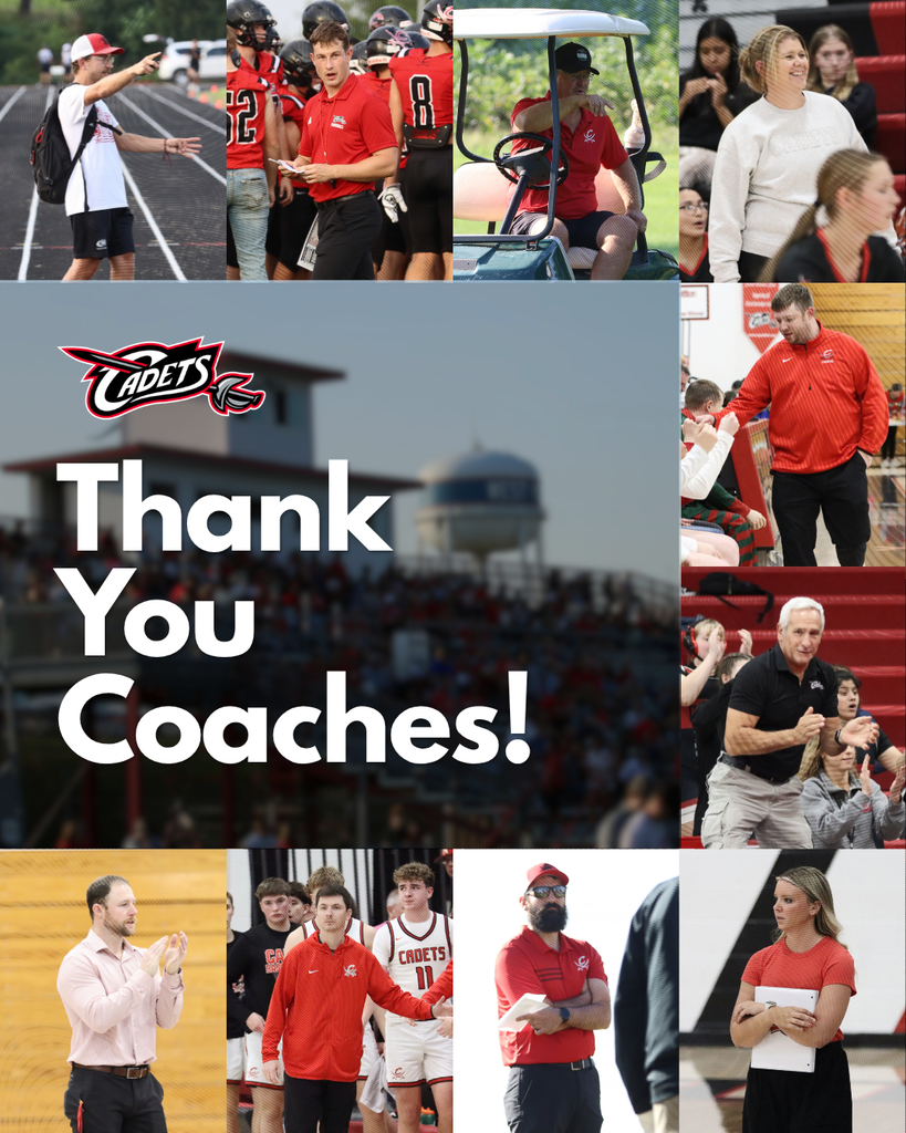 Behind every team are coaches who give their time, energy, and heart to our students. ❤️🤍🖤 Today, on National Coaches Day, we want to recognize ALL of the coaches who make a difference, from our head and assistant coaches to the many others who help lead our activities and programs throughout the year. While we could never fit every one of our coaches into a single post, we are grateful for each and every person who steps up to lead, teach, encourage, challenge, and support our Cadets throughout the year, and our appreciation extends far beyond the faces pictured here. Thank you for the early mornings, late nights, practices, road trips, encouragement, lessons, and countless hours you invest in our students. Your impact goes far beyond the scoreboard. Happy National Coaches Day! We appreciate you! ⚔️ #NationalCoachesDay #CadetPride⚔️