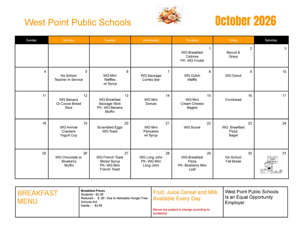 Breakfast & Lunch Menus for the month of October 🎃 #CadetPride⚔️