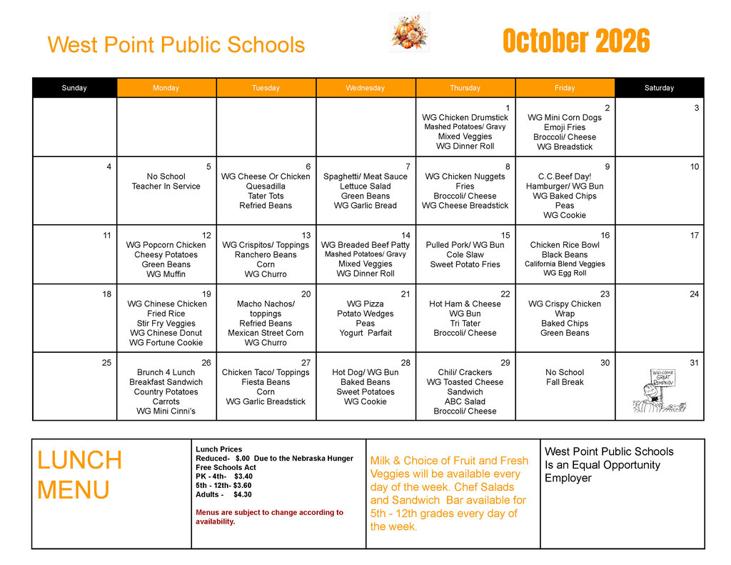 Breakfast & Lunch Menus for the month of October 🎃 #CadetPride⚔️