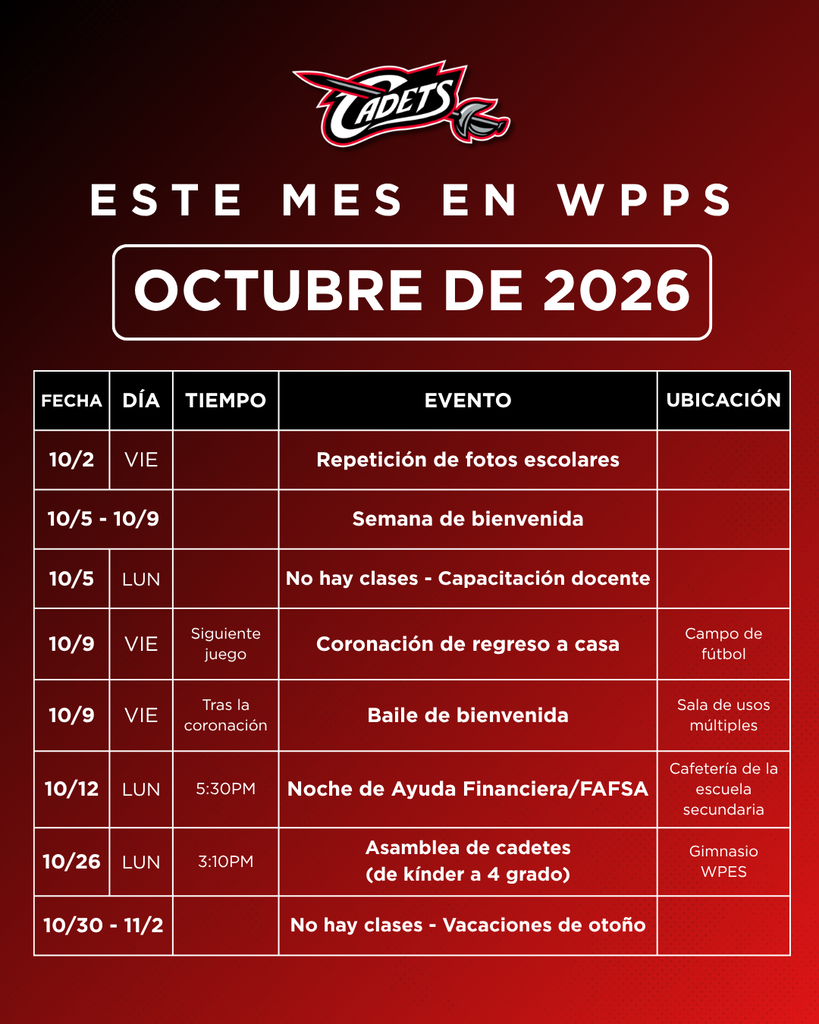 What's happening this month at WPPS? Here's a quick look at important dates and events you won't want to miss in the month of October! #CadetPride⚔️