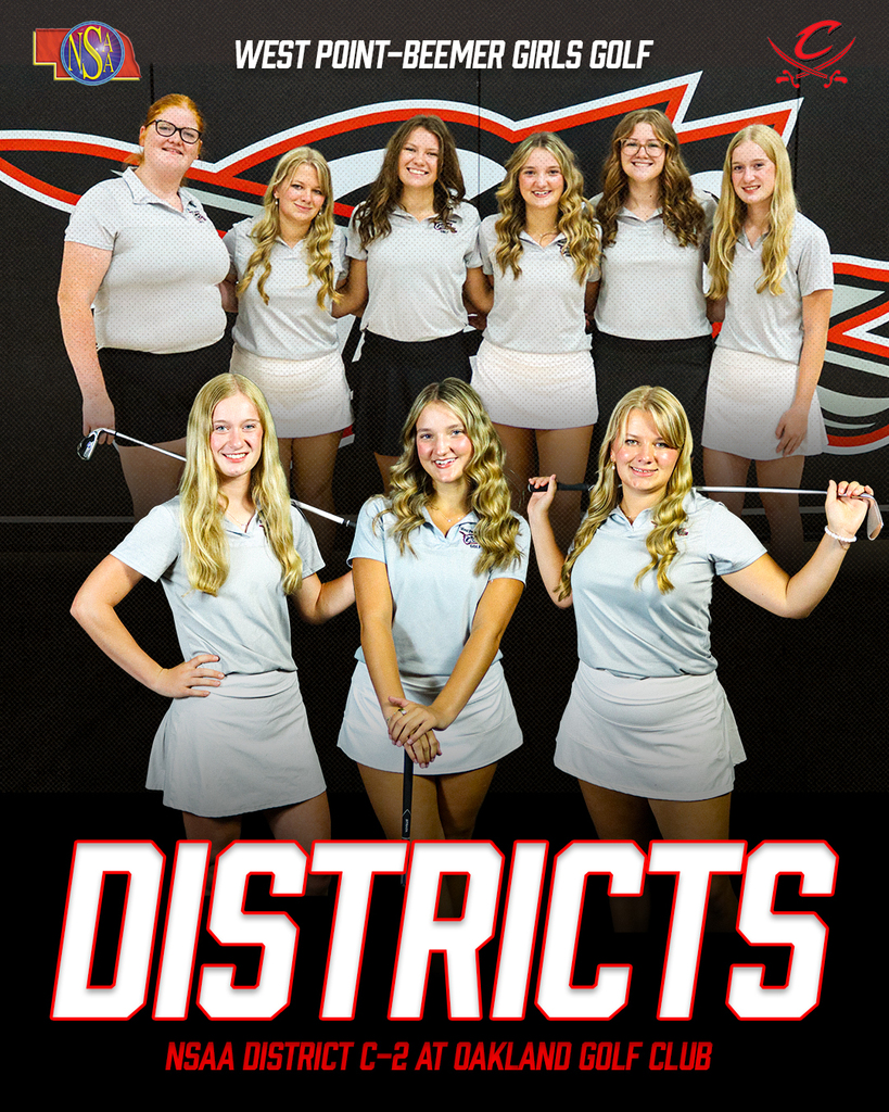 It’s Districts Day! ⛳ Good luck to our West Point-Beemer Girls Golf team as they begin district competition today in the NSAA District C-2 at Oakland Golf Club! #CadetPride⚔️