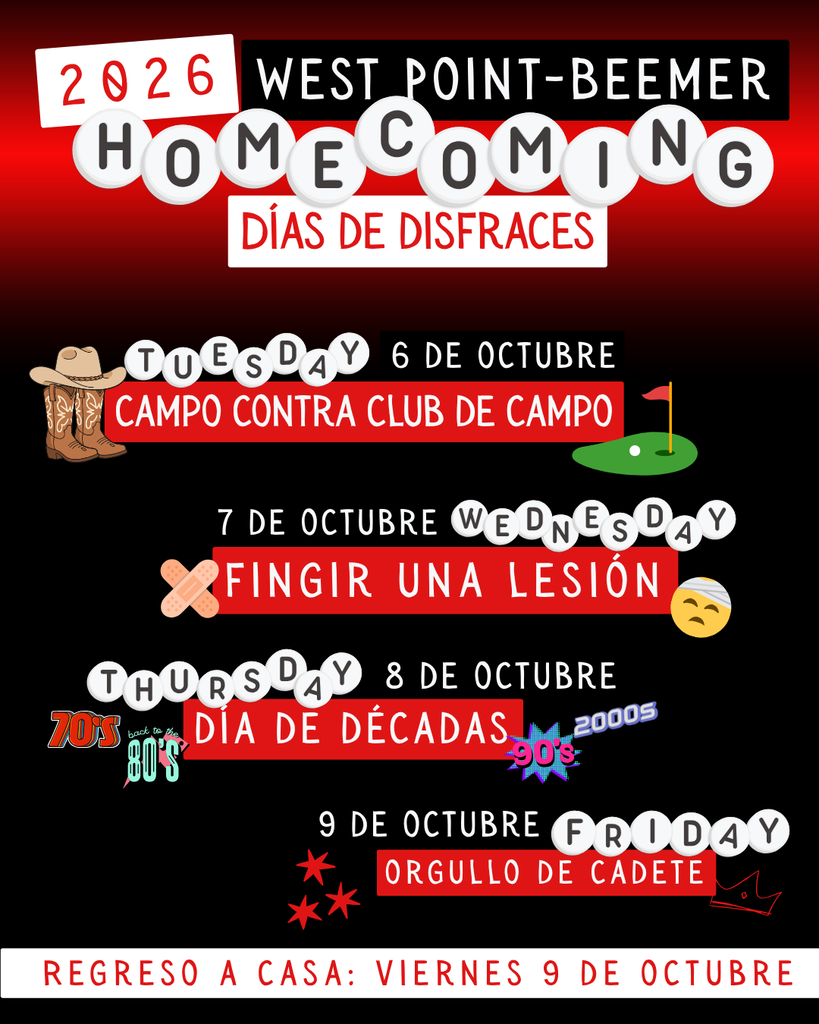 West Point Elementary Students - join in the Homecoming Fun! ❤️🤍🖤 Instead of our traditional elementary color days, PK–6 students are invited to participate in the same dress-up days as our 7–12 students. We’re giving it a try this year, so help us spread the word and start planning those outfits! 🚫 MONDAY, OCTOBER 5 | NO SCHOOL 🤠 TUESDAY, OCTOBER 6 | Country vs. Country Club: Pick a side! Country: Cowboy boots, flannels, denim, cowboy hats, etc. Country Club: Polos, khakis, golf skirts, visors, sweaters over the shoulders, etc. 🩹 WEDNESDAY, OCTOBER 7 | Fake an Injury Day Think pretend bandages, slings, wraps, or other creative costume ideas! 🪩 THURSDAY, OCTOBER 8 | Decades Day Choose ANY decade you want! There are no assigned decades for PK–8 students or staff. Think ’70s bell-bottoms, ‘80s neon & big hair, ’90s throwbacks, 2000s fashion…or pick another decade you love! 🔴 FRIDAY, OCTOBER 9 | CADET PRIDE You know the drill! Go all out in red, white, and black! ❤️🤍🖤 REMINDER: All dress-up day outfits should be school-appropriate and should not create a distraction to the learning environment. Have fun and get creative, but remember, we still have a school day to get through! Participation is completely optional. We can’t wait to see our whole district getting into the Homecoming spirit! Help us spread the word to our elementary families! #CadetPride⚔️