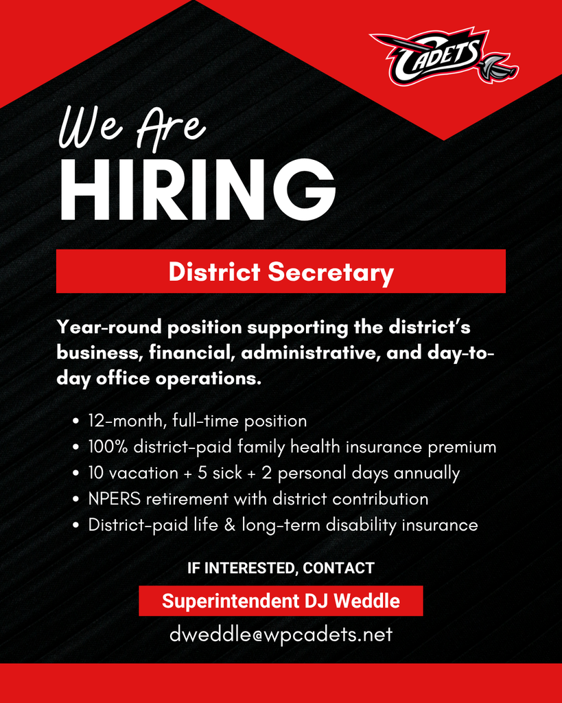 We are hiring! Join the WPPS team! ⚔️ Due to an upcoming retirement, West Point Public Schools is seeking a District Secretary to join our team. This is a 12-month position, with hourly pay dependent on experience. For the complete job description and benefits package, click here: https://www.wpcadets.org/page/employment-opportunities Qualifications include: - Bachelor’s degree preferred, with a background in business administration, finance, accounting, or a related field - Experience with accounting systems, computers, office technology, and telecommunications equipment - Strong communication skills and the ability to work with administrators, staff, business managers, and the public - Mathematical and analytical skills to assist with business and financial operations in an educational environment Applications can be picked up or dropped off at the WPPS District Office, located on the south side of the high school at: 📍 1200 E. Washington Street, West Point, NE 68788 Completed applications may also be emailed to dweddle@wpcadets.net. Questions about the position? 📞 Call 402-372-5860 📧 Email mfaubel@wpcadets.net Know someone who would be a great fit? Please help us spread the word! WPPS is an Equal Opportunity Employer. #CadetPride⚔️