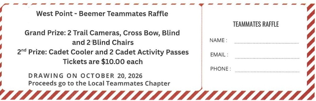 Help support the West Point-Beemer Teammates program and enter their Raffle! Tickets are $10 each, with proceeds benefiting our local Teammates chapter. Grand Prize: 2 Trail Cameras, Crossbow, Blind & 2 Blind Chairs 2nd Prize: Cadet Cooler & 2 Cadet Activity Passes Find the Teammates table to purchase raffle tickets at these upcoming home events: Thursday, October 8 — Home Volleyball Game Friday, October 9 — Home Football Game Tuesday, October 13 — Home Football Game Tuesday, October 20 — Home Volleyball Game The drawing will be held Tuesday, October 20! Grab a ticket, support Teammates, and you might just walk away with a great prize! #CadetPride ⚔️
