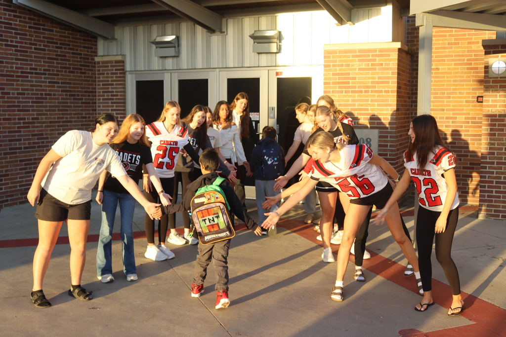 Happy High-Five Friday! ✋  High-Five Friday, Homecoming Edition! Our Cadet Volleyball team was all smiles as they welcomed our elementary students with high-fives this morning. What a great way to kick off our Cadet Spirit day for Homecoming!   #CadetPride⚔️