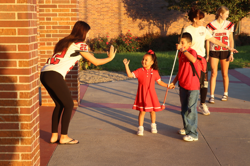 Happy High-Five Friday! ✋  High-Five Friday, Homecoming Edition! Our Cadet Volleyball team was all smiles as they welcomed our elementary students with high-fives this morning. What a great way to kick off our Cadet Spirit day for Homecoming!   #CadetPride⚔️