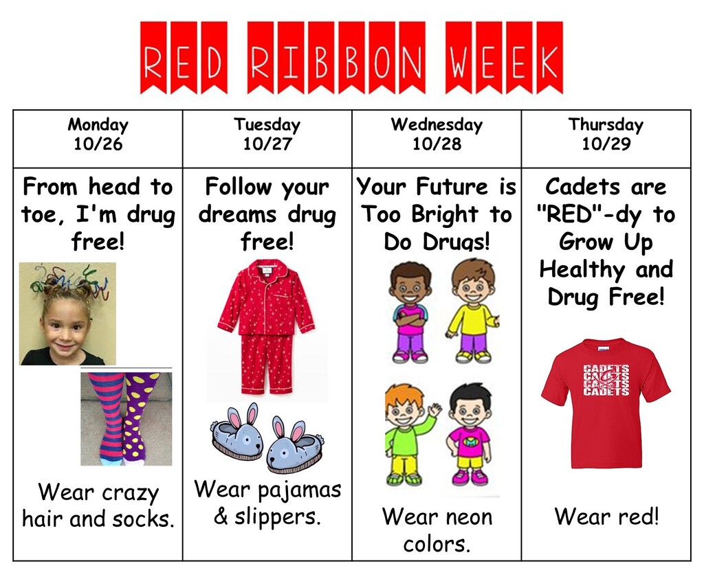 Next week, October 26-29, our WP-B Elementary students will be celebrating Red Ribbon Week with some fun dress-up days as we encourage healthy choices and a drug-free future! ❤️  Check out what's planned for the week 👇  🤪 Monday, October 26 | Crazy Hair & Socks Day Wear your craziest hair and socks!  💤 Tuesday, October 27 | Pajama Day Wear your favorite pajamas and slippers  🌈 Wednesday, October 28 | Neon Day Wear your brightest neon colors!  ❤️ Thursday, October 29 | Wear Red Day Show your Cadet Pride by wearing RED!  REMINDER: All dress-up day outfits should be school-appropriate and should not create a distraction to the learning environment. Have fun and get creative, but remember, we still have a school day to get through! Participation is completely optional.  We can't wait to see our elementary Cadets show off their school spirit while spreading an important message! ❤️🤍🖤  #CadetPride⚔️