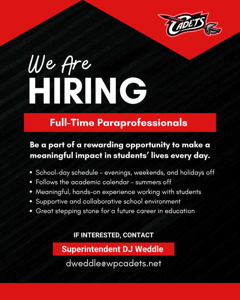We are hiring! Join the WPPS team! ⚔️   West Point Public Schools is seeking Full-Time Paraprofessionals for the 2026-2027 school year. This is considered a 9 Month position (when school is in session).   For the complete job description and benefits, visit here: https://www.wpcadets.org/page/employment-opportunities    Applications can be picked up or dropped off at the WPPS District Office, located on the south side of the high school at: 📍 1200 E. Washington Street, West Point, NE 68788   Completed applications may also be emailed to dweddle@wpcadets.net.   Questions about the position? 📞 Call 402-372-5860 📧 Email mfaubel@wpcadets.net   Know someone who would be a great fit? Please help us spread the word!   WPPS is an Equal Opportunity Employer. Position open until filled.   #CadetPride⚔️