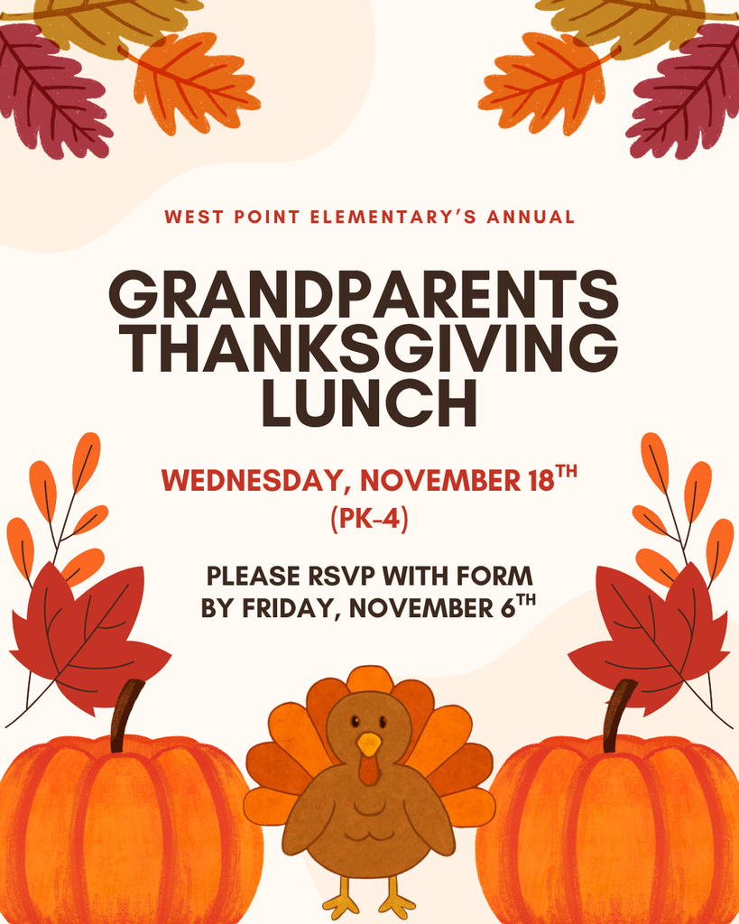 One of our favorite traditions is coming up – our annual Grandparents Thanksgiving Lunch! 🦃🍂   Parents and guardians of PK-4 students: your student should be bringing home an RSVP letter either today or Monday with information about the lunch.  *Our 5th and 6th Grade students will have their own Grandparents Lunch in December!   Extra copies of the RSVP letter are posted here and will also be available in the Elementary Office if needed.   RSVP forms and payment are due Friday, November 6!   Contact the Elementary Office at 402-372-5507 or email Ana Garcia at agarcia@wpcadets.net with any questions.   We can't wait to welcome our Cadet grandparents for a special meal and some quality time with their grandchildren! ❤️   #CadetPride⚔️