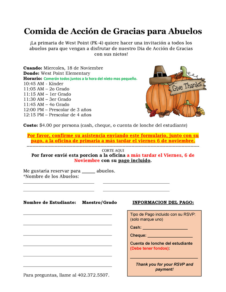 One of our favorite traditions is coming up – our annual Grandparents Thanksgiving Lunch! 🦃🍂   Parents and guardians of PK-4 students: your student should be bringing home an RSVP letter either today or Monday with information about the lunch.  *Our 5th and 6th Grade students will have their own Grandparents Lunch in December!   Extra copies of the RSVP letter are posted here and will also be available in the Elementary Office if needed.   RSVP forms and payment are due Friday, November 6!   Contact the Elementary Office at 402-372-5507 or email Ana Garcia at agarcia@wpcadets.net with any questions.   We can't wait to welcome our Cadet grandparents for a special meal and some quality time with their grandchildren! ❤️   #CadetPride⚔️
