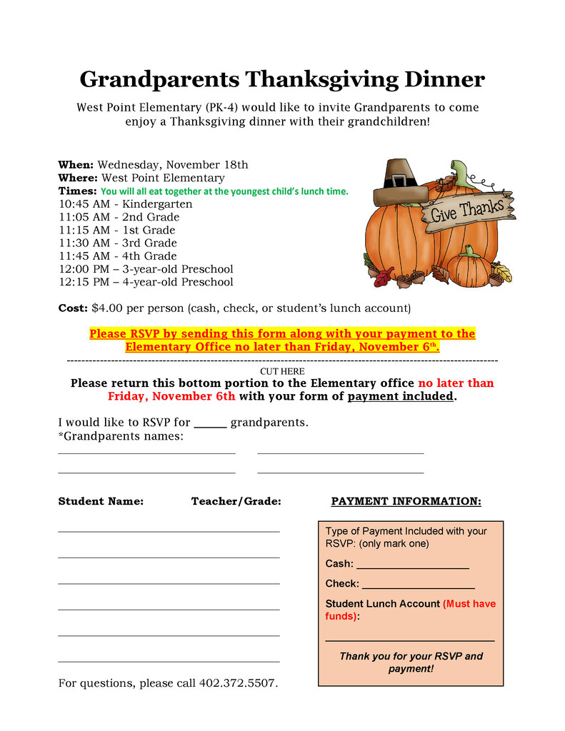 One of our favorite traditions is coming up – our annual Grandparents Thanksgiving Lunch! 🦃🍂   Parents and guardians of PK-4 students: your student should be bringing home an RSVP letter either today or Monday with information about the lunch.  *Our 5th and 6th Grade students will have their own Grandparents Lunch in December!   Extra copies of the RSVP letter are posted here and will also be available in the Elementary Office if needed.   RSVP forms and payment are due Friday, November 6!   Contact the Elementary Office at 402-372-5507 or email Ana Garcia at agarcia@wpcadets.net with any questions.   We can't wait to welcome our Cadet grandparents for a special meal and some quality time with their grandchildren! ❤️   #CadetPride⚔️