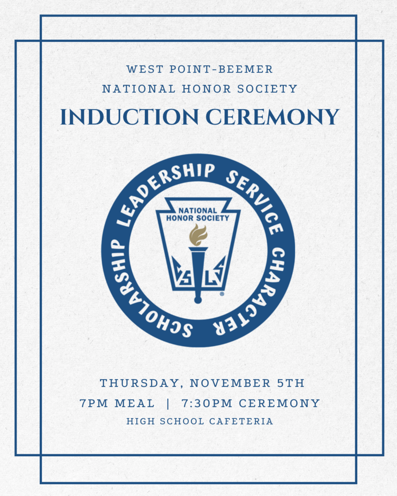 Thursday, November 5th is our annual National Honor Society Induction Ceremony!   A meal will be served at 7pm in the Elementary Cafeteria and the program will begin at 7:30pm in the High School Cafeteria.  #CadetPride⚔️