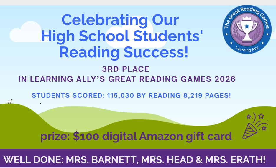 Congratulations to West Sabine High School Teachers and Students for placing 3rd in Learning Ally Reading Competition!!