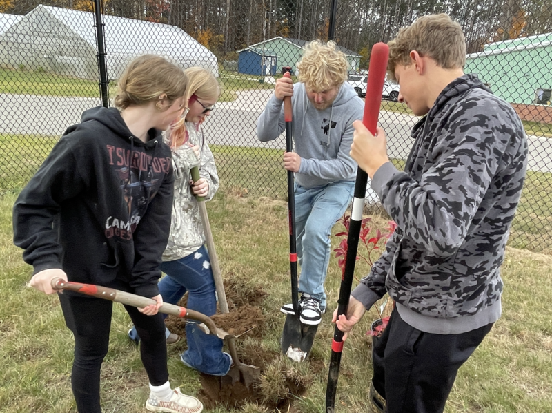 Students digging in the ground with shovels