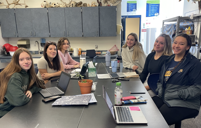 Students at a table with laptops and books