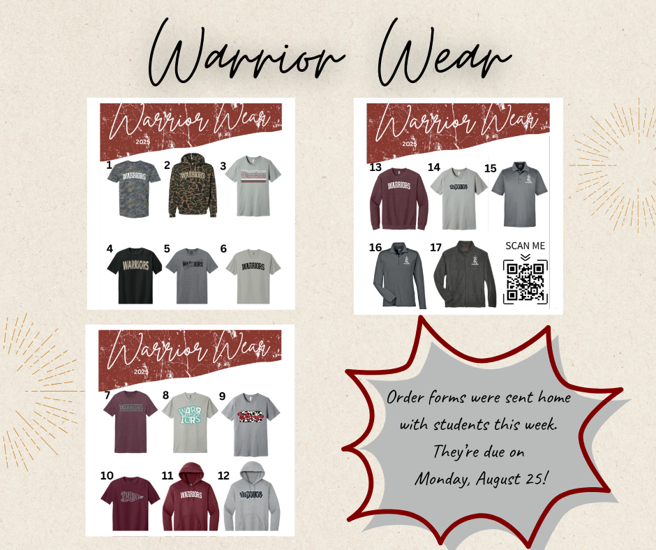 Warrior Wear Order Reminder Graphic- Due 8/25/25