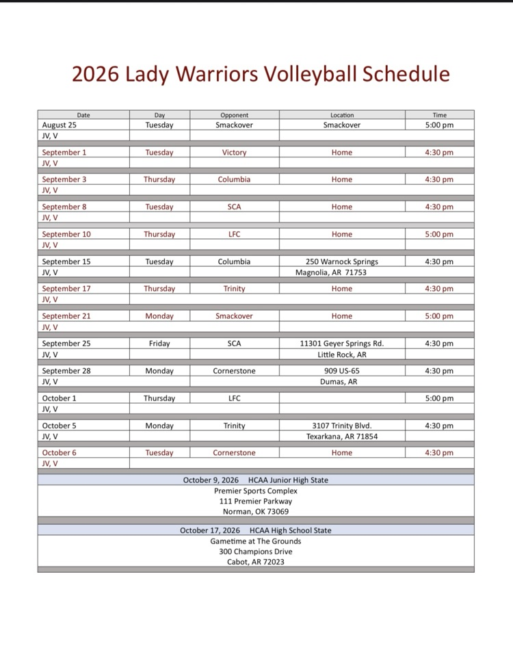 Volleyball Schedule 2026