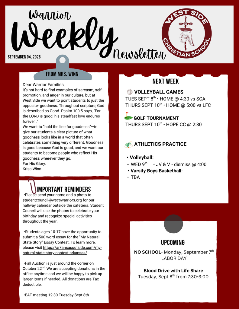 Weekly Newsletter for West Side Christian School