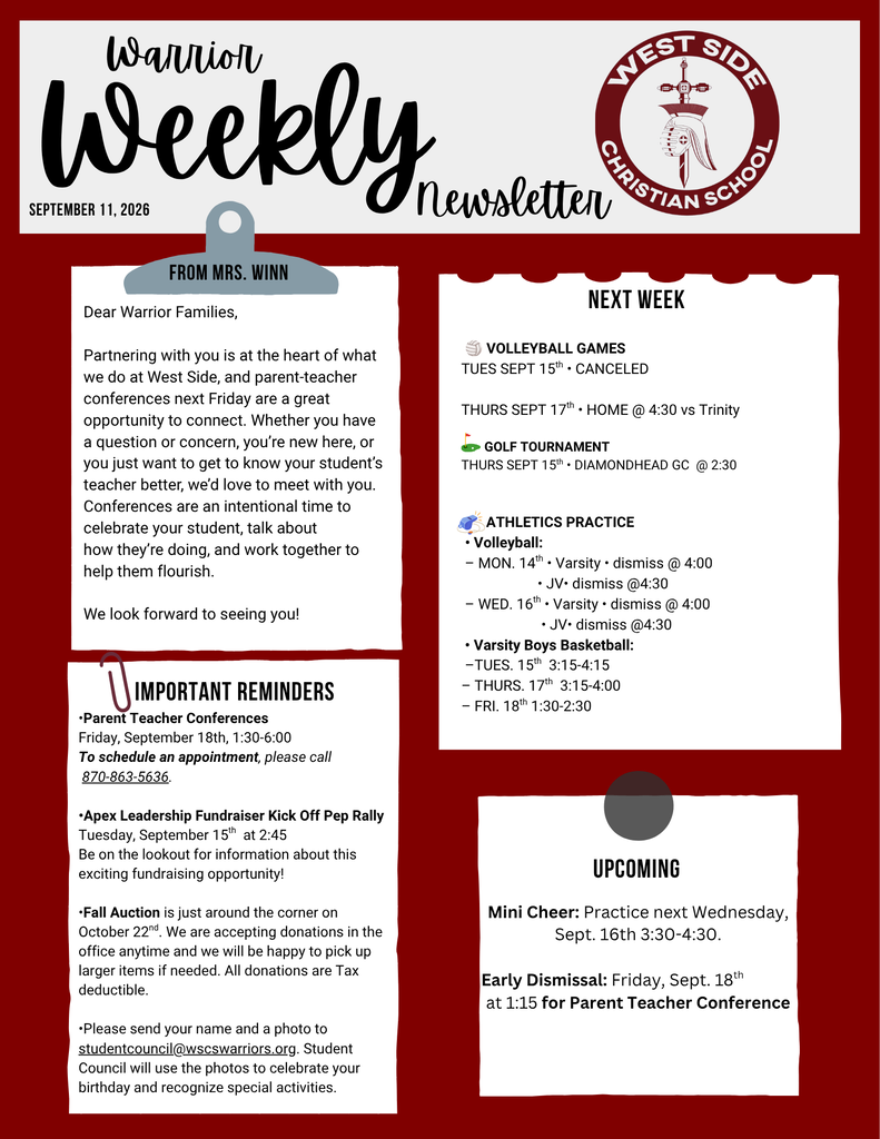 Weekly Newsletter for West Side Christian School