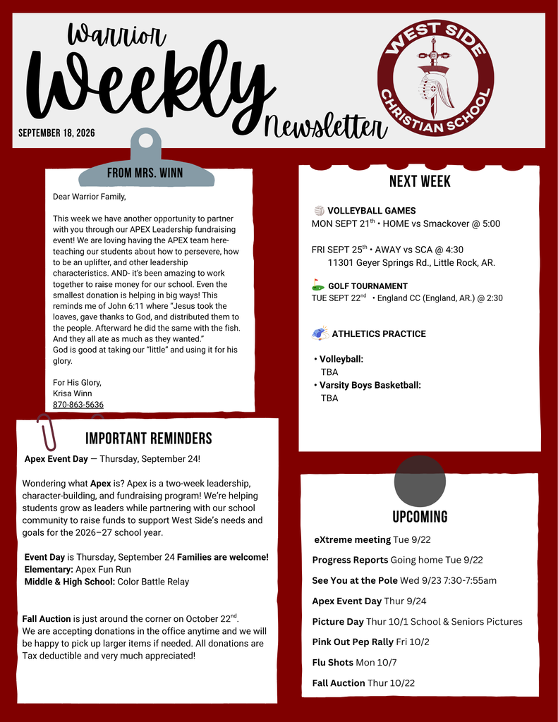 Weekly Newsletter for West Side Christian School