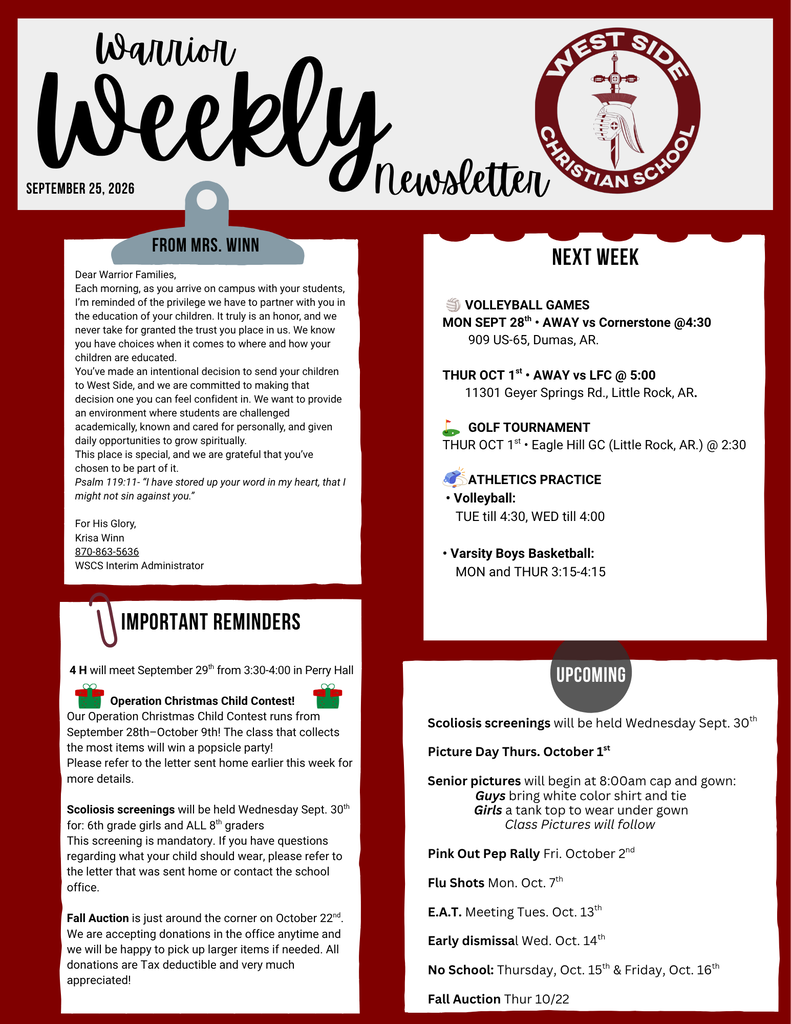Weekly Newsletter for West Side Christian School
