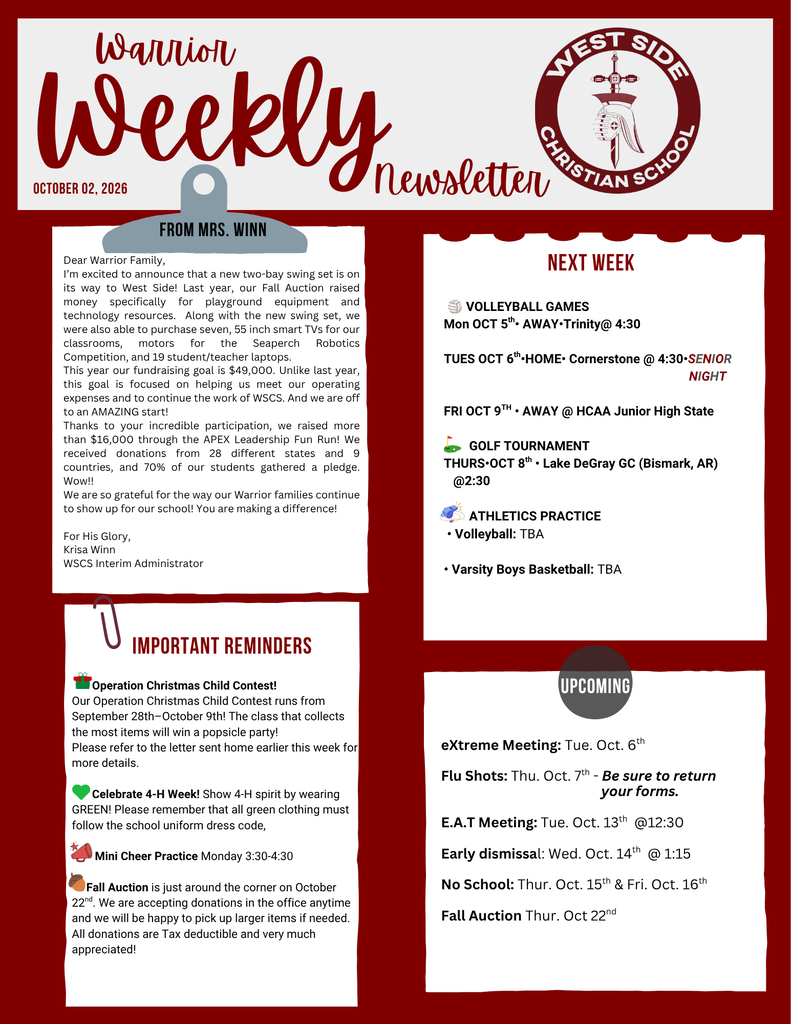 Weekly Newsletter for West Side Christian School