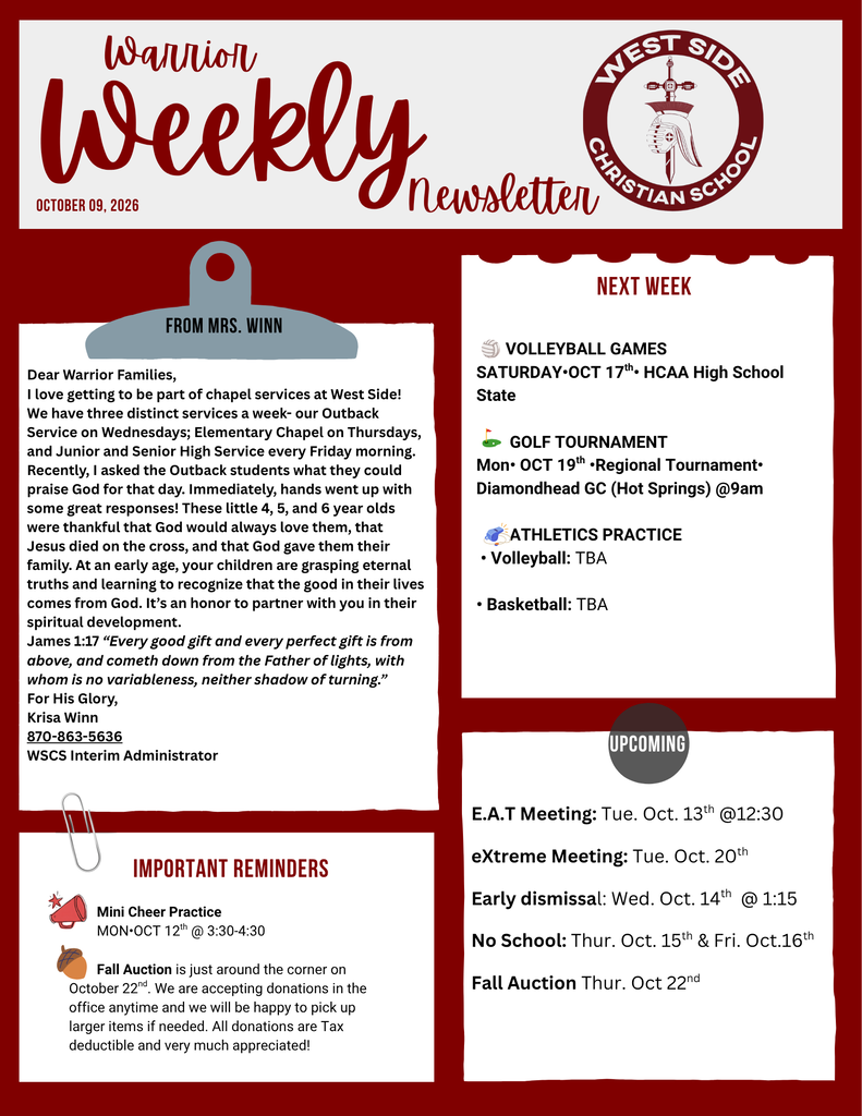 Weekly Newsletter for West Side Christian School