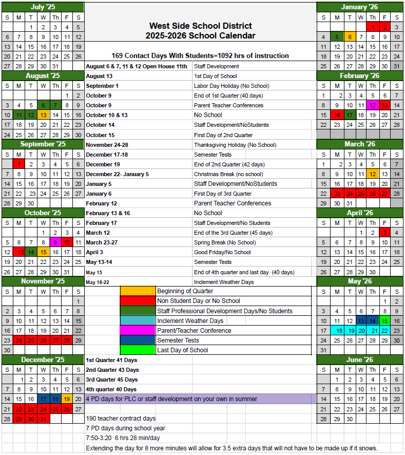 West Side School Calendar
