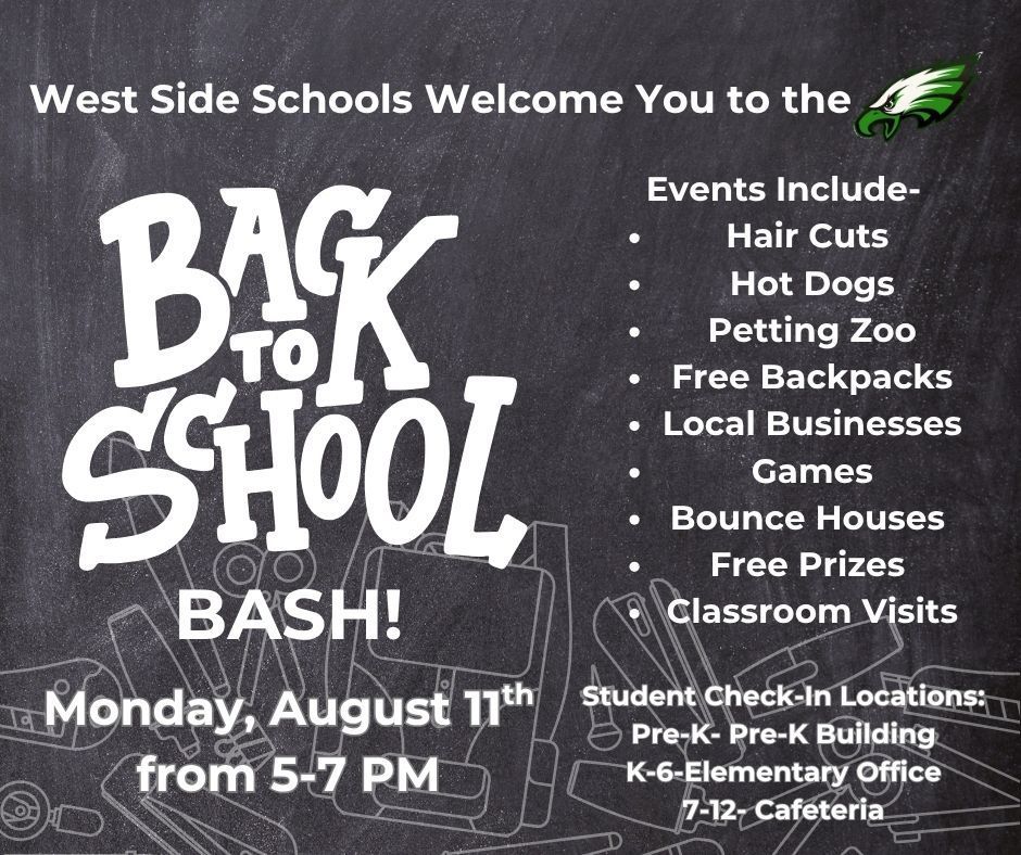 Back to School BASH! is 5-7 pm Mon 8/11