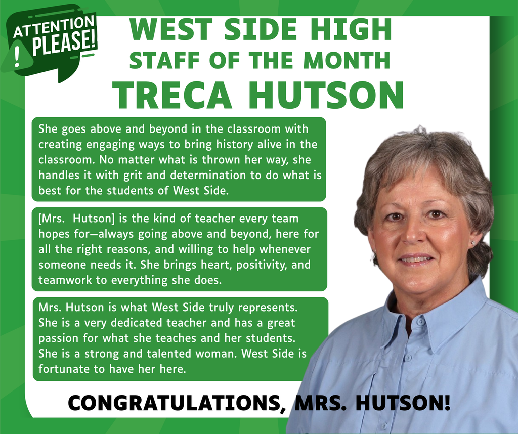 Congratulations, Mrs. Hutson, West Side High School Staff of the  Month!