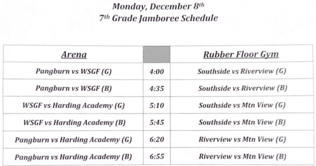 7th Grade: WS Girls v Harding Acadamy 5:10, WS Boys v Harding Academy 5:45