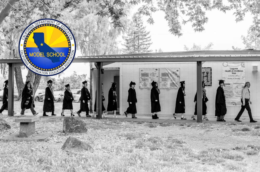 black and white photo of the procession of Laguna graduates with a color logo for the California Department of Education