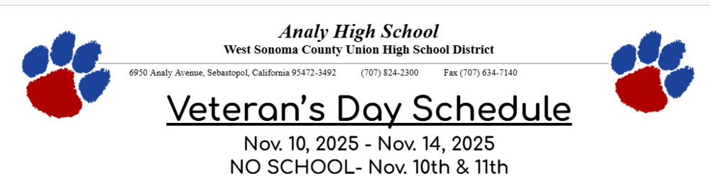 Vereran's Day Schedule