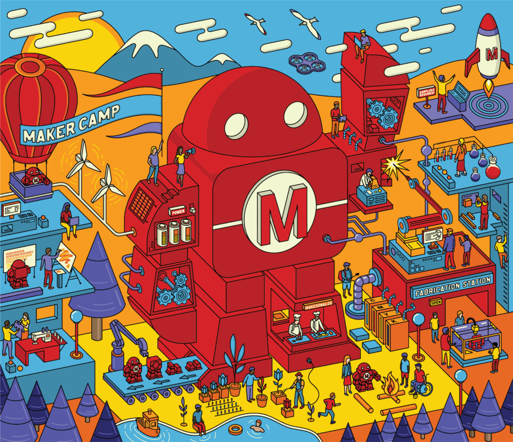 Maker Camp Graphic- A large robot at the center and smaller people making and creating various things