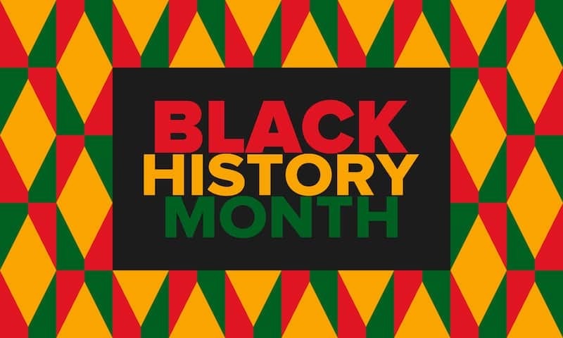 Red, green, and yellow geometric background with text saying "Black History Month"