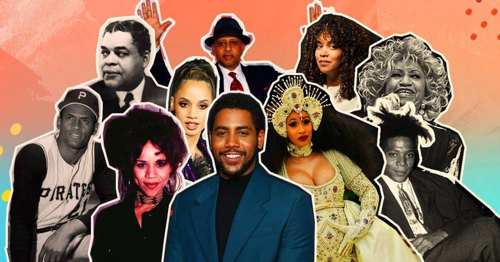 A peach and blue gradient background with a collage depicting famous afrolatinos