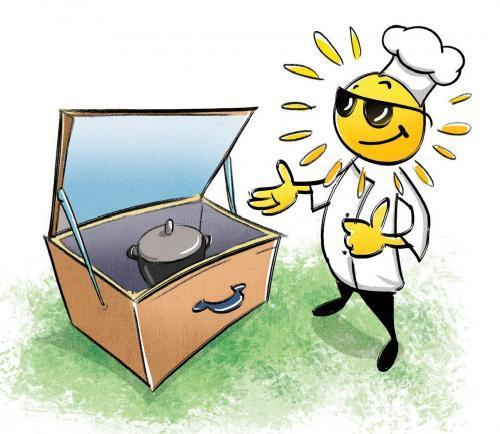 Illustration of a sun cooking on a solar oven
